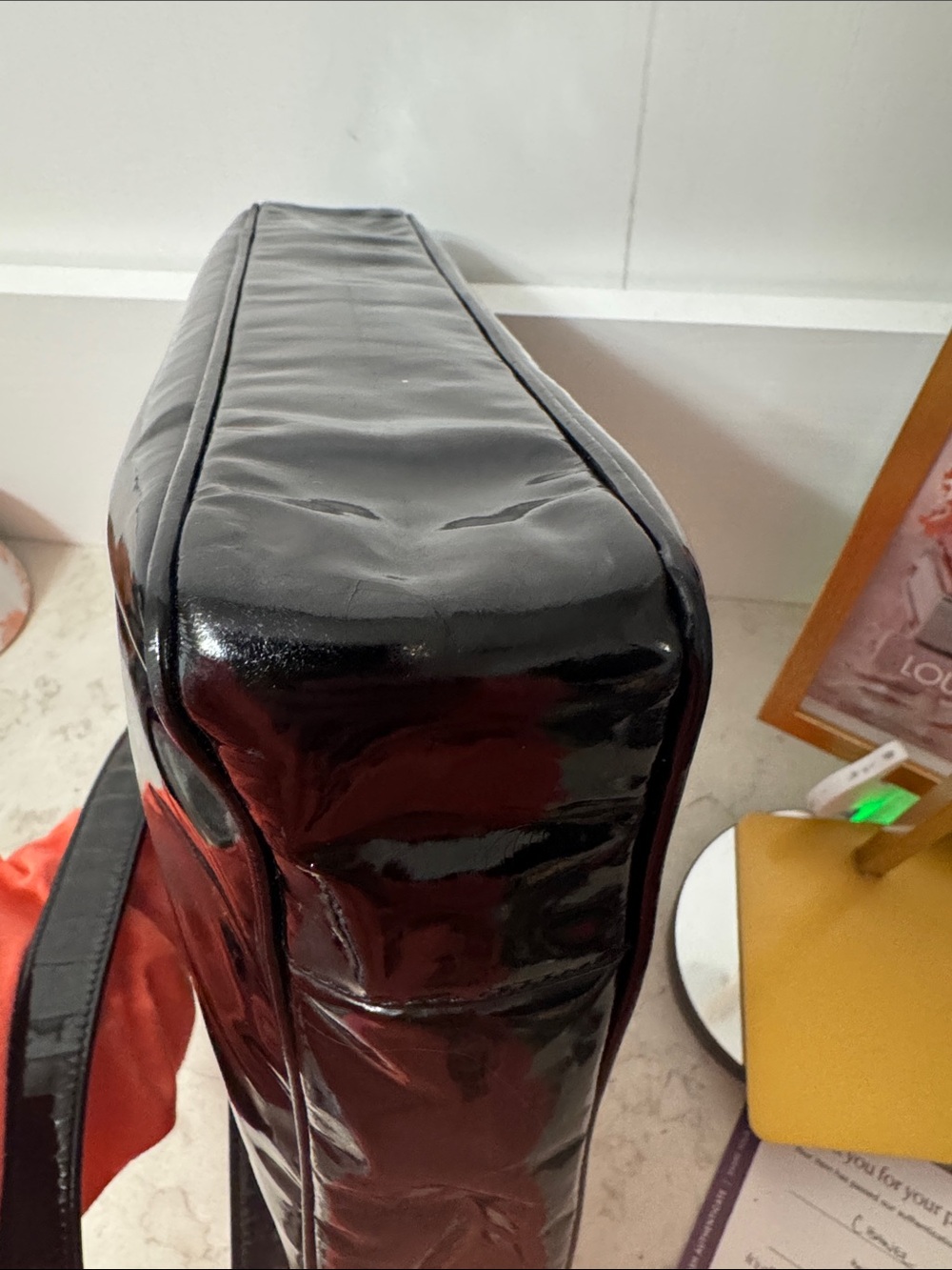 Black Patent Leather Shoulder Tote with Gold Hardware - Picture 12 of 17